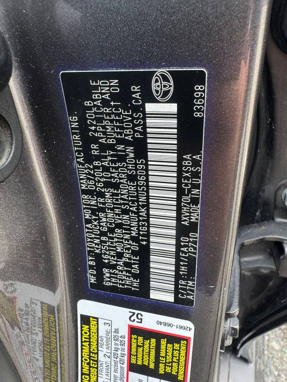 4T1G31AK1NU596095 - 2022 Toyota camry XLE hybrid